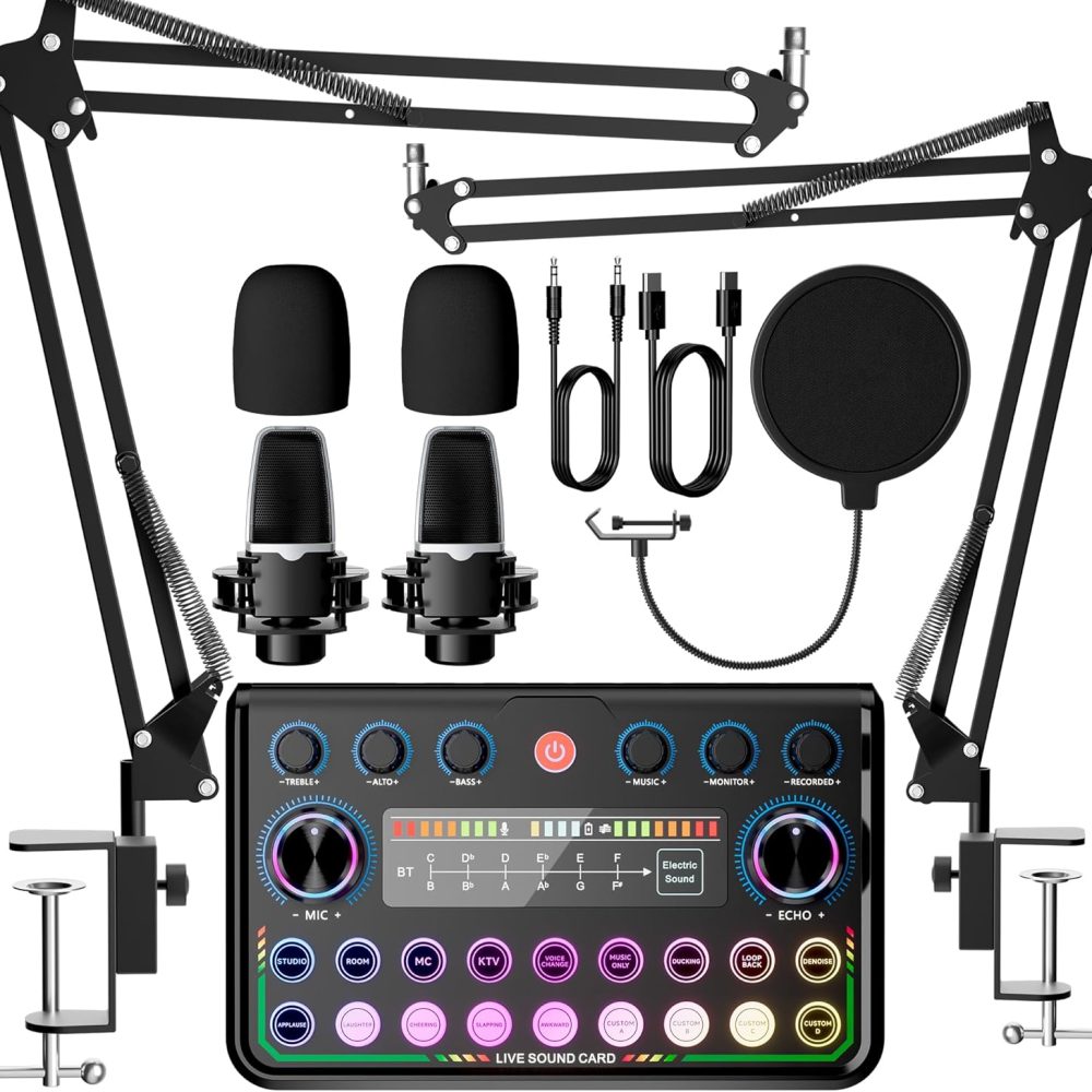 SINWE Podcast Equipment Bundle for 2,Audio Interface with Podcast Microphone for Smartphone & PC,All-in-One DJ Mixer,Plug-and-Play,Perfect for Streaming, Singing, YouTube & Gaming