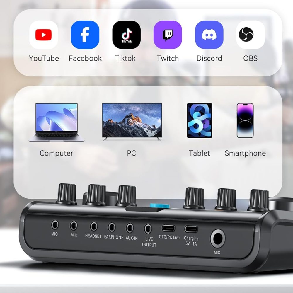 SINWE Podcast Equipment Bundle for 2,Audio Interface with Podcast Microphone for Smartphone & PC,All-in-One DJ Mixer,Plug-and-Play,Perfect for Streaming, Singing, YouTube & Gaming - Image 7