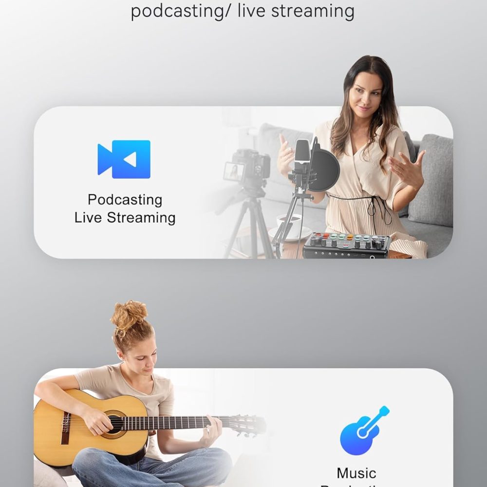 SINWE Podcast Equipment Bundle for 2,Audio Interface with Podcast Microphone for Smartphone & PC,All-in-One DJ Mixer,Plug-and-Play,Perfect for Streaming, Singing, YouTube & Gaming - Image 9