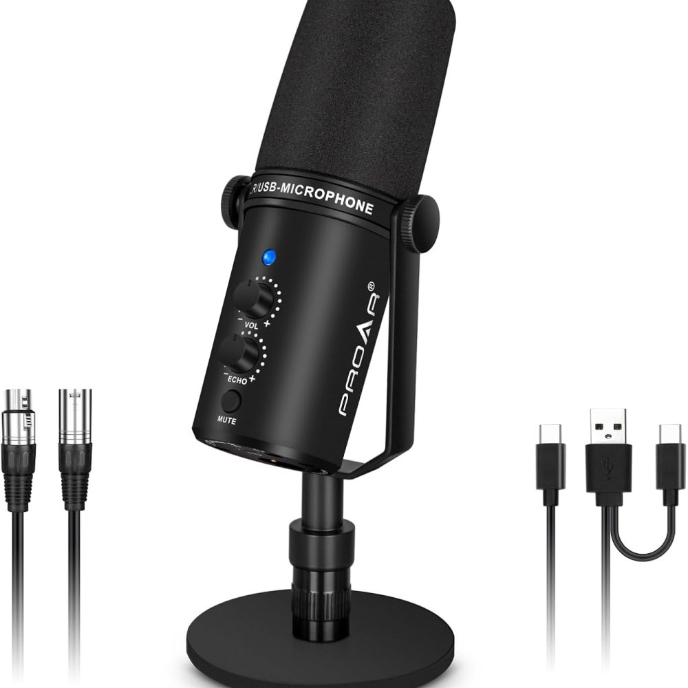 XLR/USB Dynamic Microphone,PC Computer Microphone for Podcasting,Vocal Recording,Live Streaming,Gaming,Voice-Over,All Metal Professional Studio Mic Kit with Noise Cancelling,USB-C Port