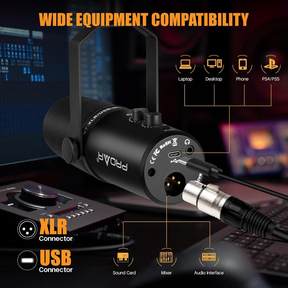 XLR/USB Dynamic Microphone,PC Computer Microphone for Podcasting,Vocal Recording,Live Streaming,Gaming,Voice-Over,All Metal Professional Studio Mic Kit with Noise Cancelling,USB-C Port - Image 4