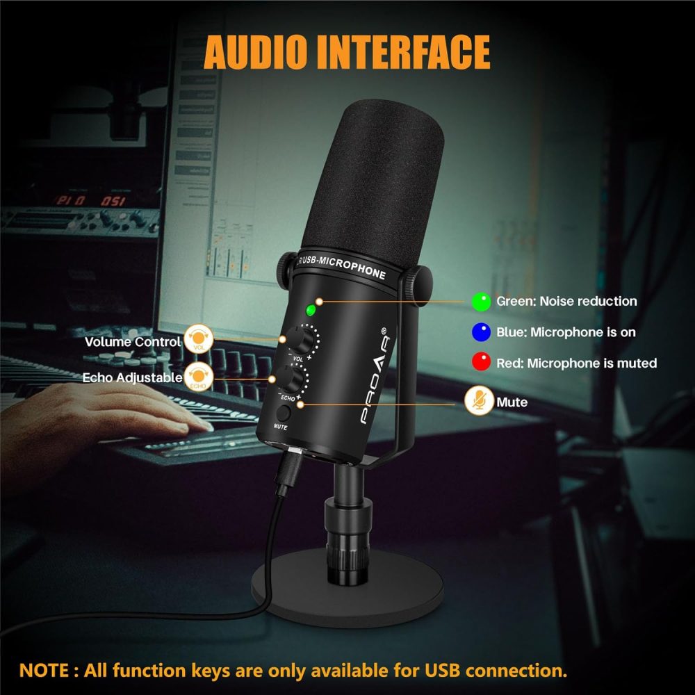 XLR/USB Dynamic Microphone,PC Computer Microphone for Podcasting,Vocal Recording,Live Streaming,Gaming,Voice-Over,All Metal Professional Studio Mic Kit with Noise Cancelling,USB-C Port - Image 6